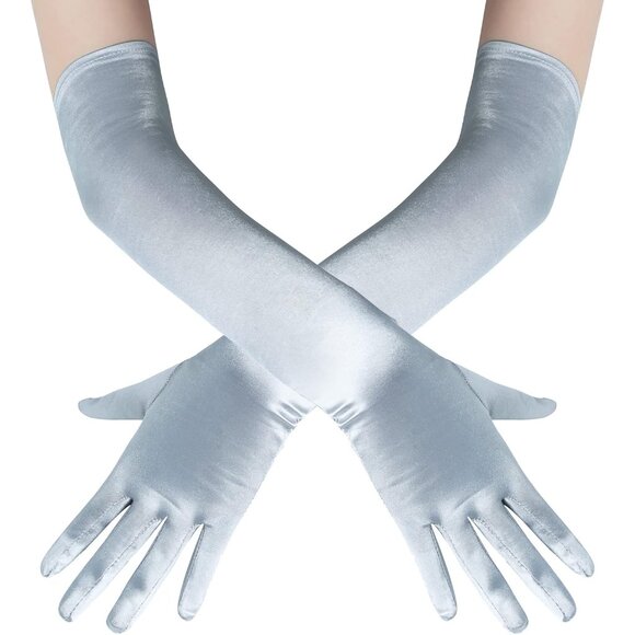 Women's Silver Long Opera Party 20s Satin Gloves Stretchy Arm Cover Elbow Length - Picture 3 of 7